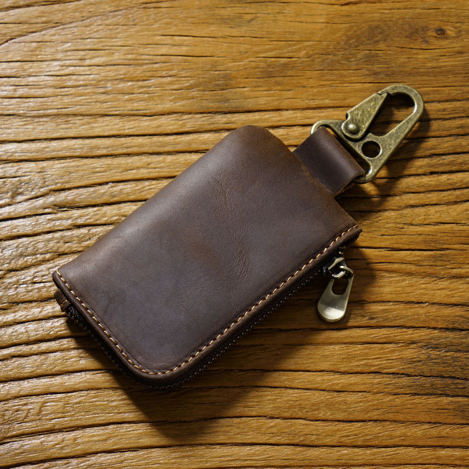 Wholesale Cowhide Waist Hanging Portable Zipper Storage Bag Leather Keychain
